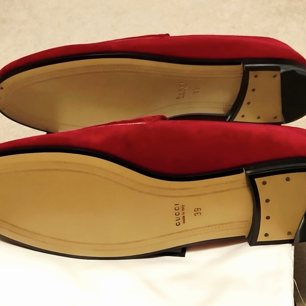 Gucci Velvet Hibiscus Jordaan Loafers Red 1953 Suede Gold Horsebit 39 8.5 NWOB - Picture 5 of 7
